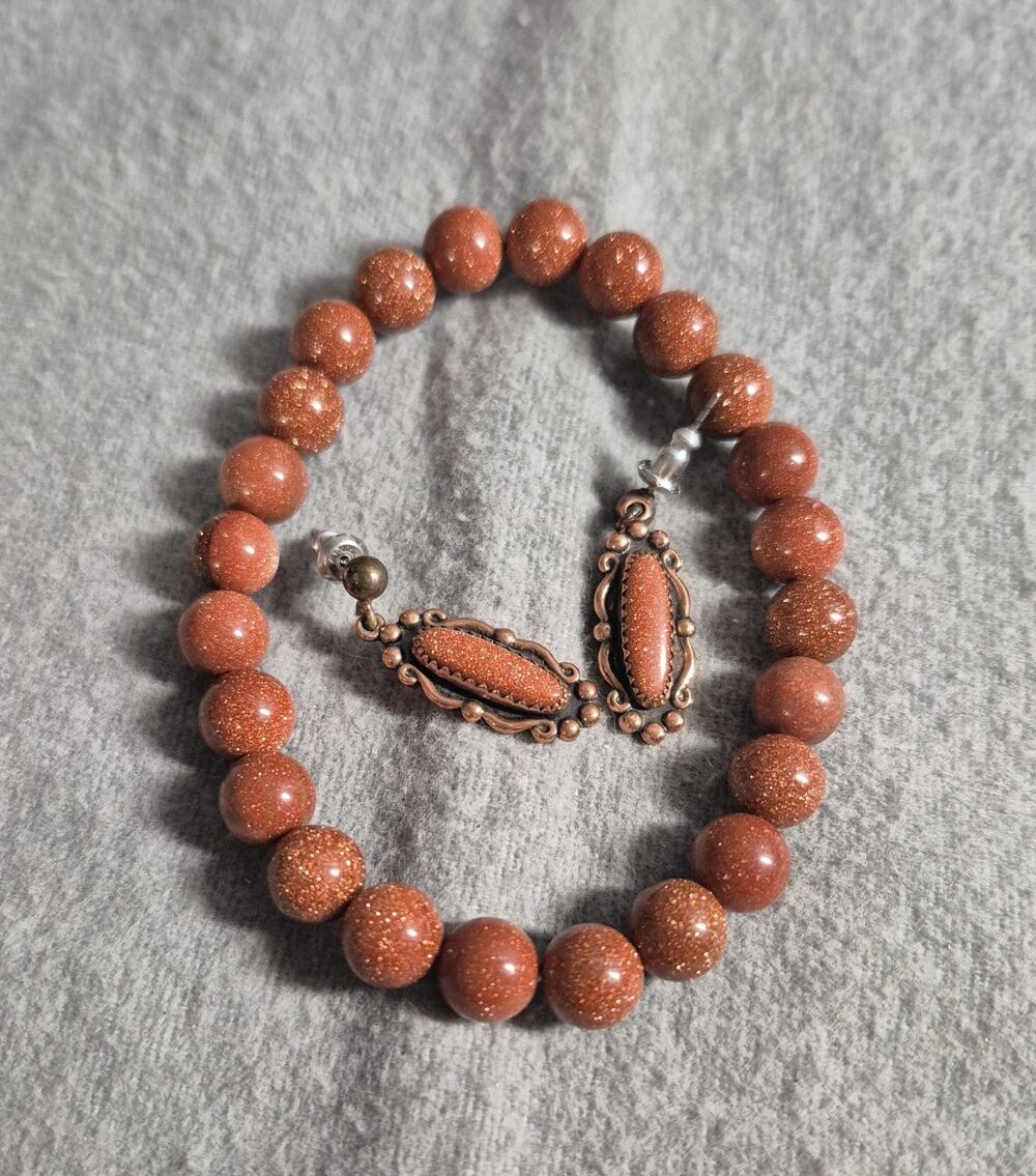 Vtg Signed WM Wheeler Copper Goldstone Earrings + Coordinating Bracelet